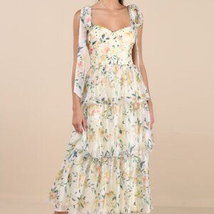Lulus Svea Light Yellow Floral Tiered Tie-strap Midi Dress - Size M